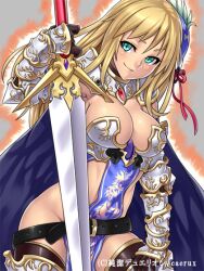  armor belt belt_skirt black_thighhighs blonde_hair boots breasts cape cleavage commentary_request copyright_name female gauntlets greaves green_eyes houtengeki junketsu_duelion large_breasts loincloth long_hair no_panties official_art ribbon rozarina_junkers smile solo standing sword thigh_boots thighhighs translated weapon 