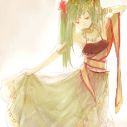  alternate_eye_color anija arabian_clothes armlet bad_id bad_pixiv_id bare_shoulders bracelet breasts circlet coin_(ornament) dancer dancing facial_mark feet_out_of_frame female forehead_mark fringe_trim green_hair hair_ornament hair_over_shoulder half-closed_eyes halterneck hand_in_own_hair hand_on_own_head hatsune_miku jewelry long_hair looking_down neck_ring necklace outstretched_arm red_eyes sash see-through skirt skirt_hold small_breasts smile solo spaghetti_strap swept_bangs twintails vocaloid white_background 