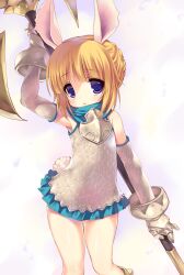  animal_ears berserker_(tera_online) blonde_hair blue_eyes commentary_request detached_sleeves elin emily_(pure_dream) female gloves miniskirt photoshop_(medium) skirt tera_online weapon 