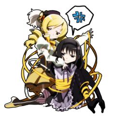  2girls akemi_homura akemi_homura_(magical_girl) anger_vein arm_warmers black_hair black_pantyhose black_thighhighs blonde_hair bondage bondage boots bound commentary_request corsair drill_hair fumiko_(mesushi) hairband hat kneeling long_hair magical_girl mahou_shoujo_madoka_magica mahou_shoujo_madoka_magica_(anime) multiple_girls pantyhose photoshop_(medium) purple_eyes ribbon ribbon_bondage shirt short_hair sitting skirt spoken_anger_vein striped_clothes striped_thighhighs thighhighs tomoe_mami tomoe_mami_(magical_girl) twin_drills twintails vertical-striped_clothes vertical-striped_thighhighs wavy_mouth yellow_eyes zettai_ryouiki 