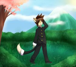  adolescent anthro anthro_kai brown_hair cherry_blossom cherry_tree clothed clothing cloud detailed_background domestic_cat felid feline felis flower fruit_tree grass hair hybrid japanese looking_up male mammal mount_fuji outside plant prunus_(flower) purple_eyes school_uniform signature sky solo sun sushihad tail tree uniform walking young young_anthro young_male 