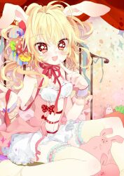  animal_ears bad_id bad_pixiv_id blonde_hair female long_hair nail_polish open_mouth original rabbit_ears red_eyes ribbon skirt solo stuffed_animal stuffed_rabbit stuffed_toy touyama_soboro 