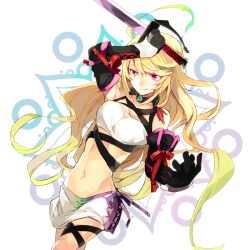  ahoge arm_up bad_id bad_pixiv_id bandeau blonde_hair choker detached_sleeves female gloves gradient_hair green_hair hyakuhachi_(over3) long_hair midriff milla_maxwell multicolored_hair navel purple_eyes red_eyes skirt smile solo strapless sword tales_of_(series) tales_of_xillia tube_top weapon xillia_symbol 