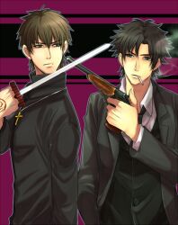  2boys aiming bad_id bad_pixiv_id between_fingers black_eyes black_hair black_keys_(type-moon) brown_eyes brown_hair cigarette command_spell confrontation cross cross_necklace emiya_kiritsugu fate/zero fate_(series) gun handgun holding holding_gun holding_weapon jewelry kotomine_kirei male_focus multiple_boys necklace smoking thompson/center_contender weapon zenta 