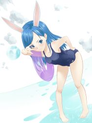  animal_ears barefoot blue_eyes blue_hair commentary_request elin female innertube leaning_forward long_hair one-piece_swimsuit rabbit_ears renk0n school_swimsuit solo swim_ring swimsuit tera_online 