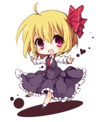  ahoge bad_id bad_pixiv_id blonde_hair chibi commentary_request female hair_ribbon heart necktie oerba_yun_fang open_mouth outstretched_arms red_eyes red_necktie ribbon rumia shirt short_hair skirt skirt_set smile solo touhou vest yukimiya_(parupunta) 