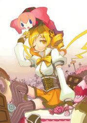  blonde_hair breasts candy charlotte_(madoka_magica) cheese chocolate commentary_request corset doughnut drill_hair female food fruit hair_ornament heart heart-shaped_pupils large_breasts macaron magical_girl mahou_shoujo_madoka_magica mahou_shoujo_madoka_magica_(anime) on_head one_eye_closed photoshop_(medium) pleated_skirt pyotr_(madoka_magica) ribbon riccae skirt smile strawberry striped_clothes striped_thighhighs symbol-shaped_pupils thighhighs tomoe_mami tomoe_mami_(magical_girl) vertical-striped_clothes vertical-striped_thighhighs yellow_eyes 