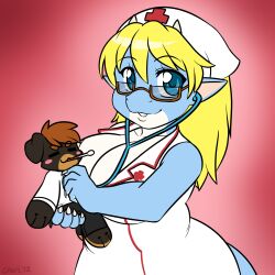  1:1 2012 blonde_hair blue_eyes blush breasts chevi cleavage clothed clothing eyewear female glasses hair hat headgear headwear ill kingofkof looking_at_viewer mamaramz medical medical_instrument miles_(disambiguation) miles_(kingofkof) nurse patient plushie ramzryu scientific_instrument simple_background stethoscope teachers_pet thermometer weather_instrument 