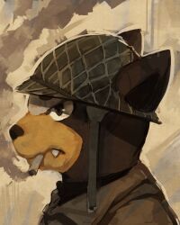  absurdres bad_deviantart_id bad_id canine cigarette clothed_pokemon fangs glitchedpuppet helmet highres houndour military no_humans pokemon pokemon_(creature) portrait profile puppy scowl sepia_background signature smoke smoking solo 