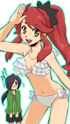  1boy :d bikini commentary_request danball_senki female frilled_bikini frills haibara_yuuya hanasaki_ran hood hoodie kano_ko long_hair navel open_mouth ponytail red_hair salute side-tie_bikini_bottom smile swimsuit white_bikini yellow_eyes 