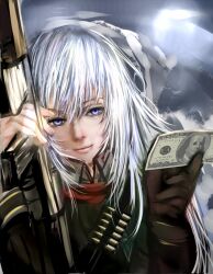  bad_id bad_pixiv_id banknote benjamin_franklin blue_eyes dollar_bill female gloves gun jormungand_(manga) koko_hekmatyar long_hair magazine_(weapon) misaka_12003-gou money rifle silver_hair smile weapon 