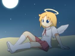  angel arm_support ascot blonde_hair boots commentary_request female flat_chest halo helvetica_standard mikeya_hiyori moon nichijou night night_sky pino_(helvetica_standard) short_hair sitting skirt sky solo star_(sky) starry_sky wings 