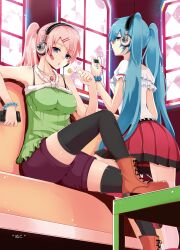  2girls aqua_eyes aqua_hair bandaid black_thighhighs blue_eyes candy commentary_request digital_media_player food hatsune_miku headphones highres lollipop long_hair megurine_luka multiple_girls nuko_(mikupantu) photoshop_(medium) pink_hair ponytail thighhighs twintails vocaloid 