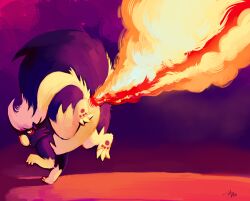  absurdres bad_deviantart_id bad_id commentary fart fire flamethrower_(pokemon) full_body glitchedpuppet highres looking_back no_humans pokemon pokemon_(creature) pokemon_move skuntank solo 