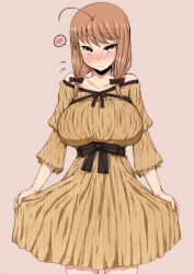  ahoge bare_shoulders blush breasts brown_eyes brown_hair commentary_request dress female flying_sweatdrops highres huge_breasts komusou_(jinrikisha) long_hair ooba_minori original pink_background simple_background skirt_hold solo spoken_blush 