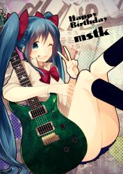  aqua_eyes aqua_hair bow bowtie bracelet commentary_request electric_guitar female grin guitar happy_birthday hatsune_miku instrument jewelry kneehighs long_hair looking_at_viewer momoiro_oji one_eye_closed paul_reed_smith sitting smile socks solo twintails v vocaloid 