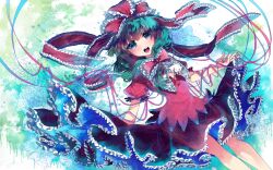  :d blue_eyes blush bow breasts commentary_request dress female frills front_ponytail green_hair hair_ribbon highres hoshika_ranoe kagiyama_hina long_hair open_mouth ribbon small_breasts smile solo touhou 