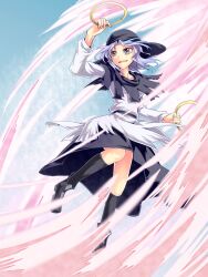  arm_up ashiroku_(miracle_hinacle) black_socks commentary_request female grey_eyes grey_hair highres hood hoop kneeling kumoi_ichirin open_mouth shirt skirt socks solo touhou 