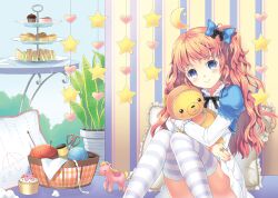  bad_id bad_pixiv_id blue_eyes bow cake_stand crescent cupcake female food hair_ribbon hairbow heart hugging_doll hugging_object jewelry knitting_needle long_hair looking_at_viewer needle orange_hair original photoshop_(medium) pincushion plant potted_plant ribbon ring sandwich scissors sewing_pin smile solo star_(symbol) string striped_clothes striped_thighhighs stuffed_animal stuffed_toy teddy_bear thighhighs toy toy_horse unya_(unya-unya) yarn yarn_ball 