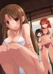  3girls akatsuki_miho akemiho_tabi_nikki bad_id bad_pixiv_id bikini black_hair blush breast_envy breasts brown_eyes brown_hair fukube_tamaki gendai_ninjakko_zukan glasses kouno_hikaru long_hair medium_breasts multiple_girls navel open_mouth orange_hair oribe_shiori red_eyes shaded_face short_hair side-tie_bikini_bottom small_breasts squatting striped_bikini striped_clothes swimsuit wavy_mouth white_bikini 