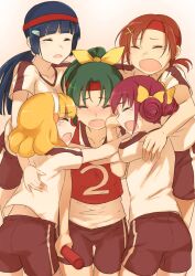  5girls aoki_reika bad_id bad_pixiv_id blonde_hair blue_hair blush closed_eyes comforting crying green_hair group_hug gym_uniform hair_ornament hairband hairclip headband hoshizora_miyuki hug long_hair midorikawa_nao minatsuki_randoseru multiple_girls open_mouth pink_hair ponytail precure red_hair short_hair shorts smile_precure tears twintails white_hairband yayoi_kise 