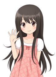  arm_behind_back blush brown_eyes brown_hair commentary_request dress female kuro_(chrono) long_hair looking_at_viewer original simple_background smile solo upper_body waving white_background 