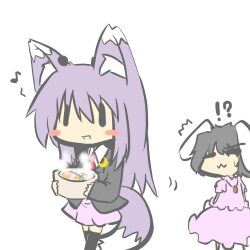  !? 2girls aburaage alternate_animal_ears animal_ears black_legwear blush_stickers carrot carrot_necklace commentary_request crescent crescent_pin eighth_note food fox_ears fox_tail goma_(gomasamune) inaba_tewi jewelry kemonomimi_mode kitsune_udon light_purple_hair multiple_girls musical_note necklace necktie pendant pun rabbit_ears reisen_udongein_inaba skirt tail touhou 