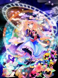  :o apron bad_id bad_pixiv_id blonde_hair blue_eyes book bow braid broom capelet female flower hat hat_bow kazu_(muchuukai) kirisame_marisa long_hair pansy paper single_braid solo star_(symbol) touhou waist_apron witch_hat 