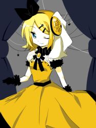  aku_no_musume_(vocaloid) blonde_hair blue_eyes commentary_request dress evillious_nendaiki female fukumitsu_(kirarirorustar) gloves kagamine_rin one_eye_closed riliane_lucifen_d&#039;autriche smile solo vocaloid 