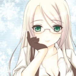  aqua_eyes blonde_hair breasts cleavage commentary_request female glasses gloves hand_on_own_cheek hand_on_own_face inu_x_boku_ss long_hair looking_at_viewer okahara_megu small_breasts smile snowflakes solo yukinokouji_nobara 