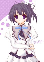  black_hair breasts character_name female mashiroiro_symphony onomiya_yutsuki purple_eyes ribbon school_uniform short_hair skirt 