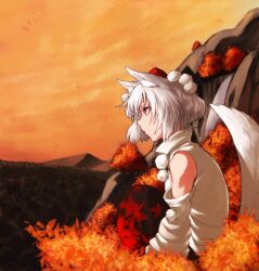  animal_ears bad_id bad_pixiv_id bare_shoulders detached_sleeves female hat highres hinomoto_madoka in_tree inubashiri_momiji mountain photoshop_(medium) profile short_hair sitting sitting_in_tree solo tokin_hat touhou tree white_hair wolf_ears 