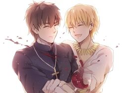  2boys ^_^ alcohol bad_id bad_pixiv_id blonde_hair brown_hair closed_eyes cross cross_necklace cup drinking_glass fate/zero fate_(series) gilgamesh_(fate) jewelry kotomine_kirei male_focus multiple_boys necklace official_alternate_costume photoshop_(medium) spill toriatte wine wine_glass 