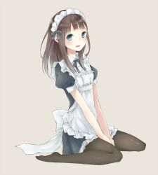  apron between_thighs black_pantyhose blue_eyes blush brown_background brown_hair commentary_request female flat_chest frills hair_ribbon long_hair looking_at_viewer maid maid_headdress muted_color neck_ribbon no_shoes on_ground open_mouth original pantyhose parted_lips pleated_skirt puffy_sleeves ribbon short_sleeves simple_background sitting skirt solo tamaki_iori wariza 