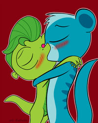  2014 artist_name blue_body blue_fur blue_tail blush caluriri closed_eyes digital_drawing_(artwork) digital_media_(artwork) duo fur gecko green_body green_hair green_skin green_tail hair hasbro herpestid hi_res hug interspecies kiss_on_lips kissing littlest_pet_shop littlest_pet_shop_(2012) lizard male male/male mammal mongoose pink_nose red_background reptile scalie semi-anthro simple_background sunil_nevla tail vinnie_terrio 