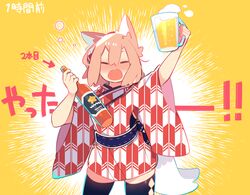  animal_ears arm_up beer_mug blush bottle closed_eyes commentary_request cowboy_shot cup female fox_ears fox_tail hair_between_eyes highres holding holding_bottle holding_cup japanese_clothes kimono long_sleeves mug obi open_mouth orange_hair pekeko_(pepekekeko) phantasy_star phantasy_star_online_2 pointer protagonist_(pso2) red_eyes sash shima_(pepekekeko) short_hair short_kimono solo tail thighhighs tipsy translated wide_sleeves yagasuri yellow_background zettai_ryouiki 