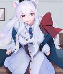  absurdres alternate_eye_color animal_ears arknights bear_ears bear_girl between_breasts black_eyes blue_hat blue_jacket bow breasts coat drawing_(object) female hair_between_eyes hat highres indoors jacket large_breasts long_sleeves looking_at_viewer multicolored_hair no_heterochromia off_shoulder open_clothes open_jacket open_mouth pink_hair red_bow red_hair rosa_(arknights) sinoda sitting smile solo streaked_hair teeth upper_teeth_only white_coat white_hair 