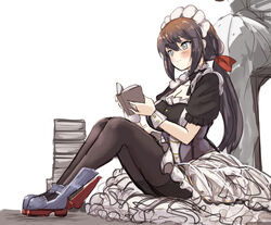  1boy azur_lane black_hair black_legwear blue_eyes blush book book_stack boots breasts chair cleavage commander_(azur_lane) commentary_request female frills glasgow_(azur_lane) hair_between_eyes hey_taisyou highres large_breasts legs_together long_hair maid maid_headdress pantyhose ponytail reading sitting smile 