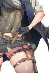  belt black_gloves blue_necktie bolt_action breasts cape corset covered_navel female girls&#039;_frontline gloves gun hand_on_own_hip handgun head_out_of_frame highres hitch_(perotoss) holster korean_commentary medium_breasts necktie pinstripe_pattern pinstripe_vest shirt skindentation skirt sleeves_rolled_up solo striped_clothes striped_shirt striped_skirt striped_vest thick_thighs thigh_holster thigh_strap thighs vertical-striped_clothes vertical-striped_shirt vertical-striped_vest vest weapon welrod welrod_mkii_(girls&#039;_frontline) white_background 