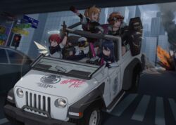  4girls ;d absurdres animal_ear_fluff animal_ears arknights bad_perspective bird black_hair brown_hair bullet_hole car clenched_hand commentary_request croissant_(arknights) destruction driving emperor_(arknights) emperor_penguin explosion expressionless exusiai_(arknights) fist_pump halo highres jeep_(company) jeep_wrangler kiryuu_haru_(445) long_hair looking_back motor_vehicle multiple_girls one_eye_closed open_mouth penguin penguin_logistics_(arknights) raised_fist red_hair road shield short_hair smile smoke smug sora_(arknights) street sunglasses texas_(arknights) vehicle_focus weapon wings wolf_ears wolf_girl 