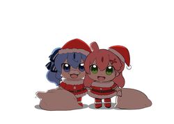  2girls alternate_costume belt belt_buckle blue_eyes blue_hair buckle christmas commentary fake_facial_hair fake_mustache full_body green_eyes hair_ornament hairclip hat hololive hoshimachi_suisei looking_at_viewer micomet_(hololive) mikodanye multiple_girls open_mouth pink_hair sack sakura_miko santa_costume santa_hat seigan_subaru shadow virtual_youtuber when_you_see_it white_background x_hair_ornament 