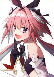  1boy artist_name astolfo_(fate) astolfo_(saber)_(fate) bare_shoulders black_bow black_gloves black_ribbon blush bow bowtie commentary crop_top fate/grand_order fate_(series) from_side gloves hair_intakes hair_ribbon hairbow long_hair long_sleeves looking_at_viewer male_focus midriff multicolored_hair oerba_yun_fang otoko_no_ko photoshop_(medium) pink_hair purple_eyes ribbon simple_background solo streaked_hair twintails white_background white_hair yuuhi_mika 