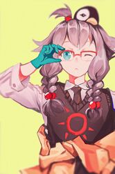  ;&lt; adjusting_eyewear animal_hat arknights black_necktie black_vest blue_eyes blue_gloves blush braid clothes_around_waist commentary eyebrows_hidden_by_hair female glasses gloves hair_bobbles hair_ornament hat highres jacket jacket_around_waist long_hair may_(arknights) necktie one_eye_closed orange_jacket over-rim_eyewear penguin_hat pink_hair red-framed_eyewear semi-rimless_eyewear shirt simple_background solo symbol-only_commentary twin_braids vest white_shirt yellow_background zong 