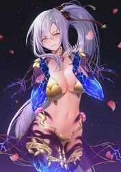  absurdres armor azur_lane bikini_armor body_markings breasts collar commission cosplay crossover drake_(azur_lane) falling_petals fate/grand_order fate_(series) female flower gold_armor hair_ribbon highres kama_(fate) kama_(fate)_(cosplay) kama_(third_ascension)_(fate) large_breasts long_hair looking_at_viewer lotus metal_bikini metal_bra metal_bracelet metal_collar midriff navel petals purple_skirt purple_sleeves red_ribbon ribbon shizuko_hideyoshi simple_background skirt smile solo stomach thighs yellow_eyes 