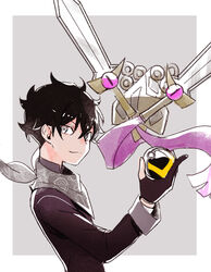  1boy black_gloves black_hair closed_mouth commentary_request crossover doromame doublade fingerless_gloves gloves grey_background grey_eyes holding holding_poke_ball long_sleeves looking_at_viewer male_focus nakiri_asahi partially_fingerless_gloves poke_ball pokemon pokemon_(creature) shokugeki_no_souma short_hair smile ultra_ball upper_body weapon white_background 