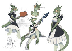  1boy apron argonian armor back_bow black_dress black_eyes blush bow bread breasts brick_oven cleavage cleavage_cutout closed_mouth cloth clothing_cutout collarbone colored_sclera colored_skin commentary cooking corset cropped_legs dress english_commentary fang_out female flying_sweatdrops food frilled_dress frills from_behind full_body furry furry_female green_skin guard_(skyrim) hand_on_own_chin hand_up happy head_tilt heart helmet highres holding holding_polearm holding_weapon horns knee_up kneepits legs_apart lifts-her-tail lizard_tail looking_at_viewer looking_back looking_up maid medium_breasts motion_lines multicolored_skin multiple_views oerba_yun_fang one_eye_closed open_mouth oven own_hands_together panties pantyshot peel_(tool) polearm polishing reptile_girl sat-v12 sharp_teeth shiny_skin short_sleeves simple_background sitting slit_pupils smile spear standing steam stirrup_legwear stroking_own_chin tail tail_through_clothes talking teeth the_elder_scrolls thighhighs thinking toeless_legwear translated two-handed two-tone_skin underwear upper_body upskirt v_arms waist_apron weapon white_background white_panties white_thighhighs yellow_sclera 