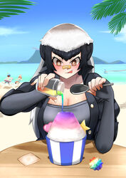  +_+ 1boy 2girls :p absurdres badger_ears bandaid bandaid_on_face bandaid_on_nose beach bikini black_hair blue_bikini blue_sky breasts bucket_hat captain_(kemono_friends) cleavage cloud commentary day dhole_(kemono_friends) food hat hat_feather highres holding holding_spoon huge_breasts ice_cream_cup innertube john_(a2556349) kemono_friends kemono_friends_3 lucky_beast_(kemono_friends) multicolored_hair multiple_girls ocean outdoors palm_tree ratel_(kemono_friends) sand sandstar shaved_ice shore sky spoon swim_ring swimsuit tomboy tongue tongue_out tree two-tone_hair volcano water white_hair 