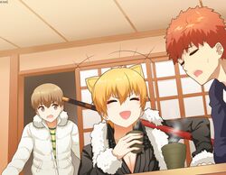  1boy 2girls absurdres black_coat brown_eyes brown_hair closed_eyes coat cup emiya_shirou fate/grand_order fate/stay_night fate_(series) fujimura_taiga fur-trimmed_sleeves fur_trim highres holding holding_cup indoors jaguarman_(fate) jaguarman_(third_ascension)_(fate) multiple_girls ninai open_mouth orange_hair raglan_sleeves short_hair time_paradox white_coat 