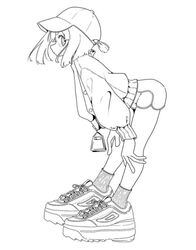  baseball_cap bent_over closed_mouth dolphin_shorts female from_side greyscale hands_on_own_knees hat high_contrast jacket line_art long_sleeves looking_at_viewer monochrome nao97122 open_clothes open_jacket original ponytail profile ribbed_socks shoes short_ponytail shorts sideways_glance simple_background socks solo standing unfinished white_background zipper_pull_tab 