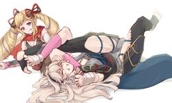  2girls :p alternate_costume armor blonde_hair blush bow clenched_teeth corrin_(female)_(fire_emblem) corrin_(female)_(ninja)_(fire_emblem) corrin_(fire_emblem) elise_(fire_emblem) elise_(ninja)_(fire_emblem) fire_emblem fire_emblem_fates fire_emblem_heroes gloves hair_ribbon hairband hairbow highres jaegan long_hair multiple_girls ninja official_alternate_costume pointy_ears purple_eyes ribbon simple_background submission_hold teeth tongue tongue_out twintails white_hair wrestling 